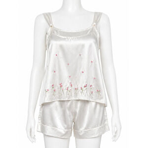 Satin Pajama Set Embroidered Floral Bridal Sleepwear Lounge L PajamaGram